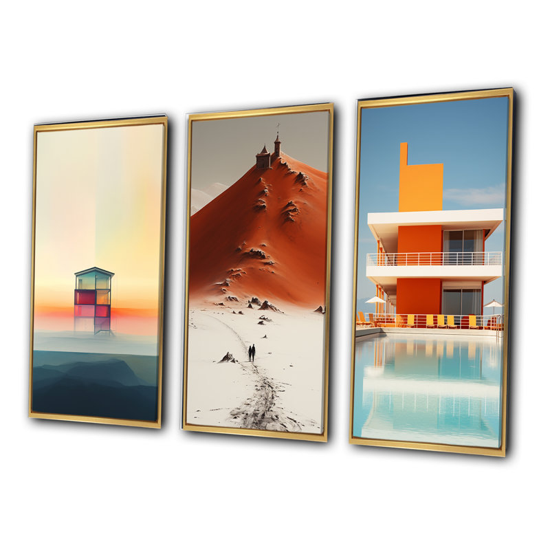 «Minimal Orange Beach House», 3 pièces, Cadre flottant doré, H 32 po x l 48 po