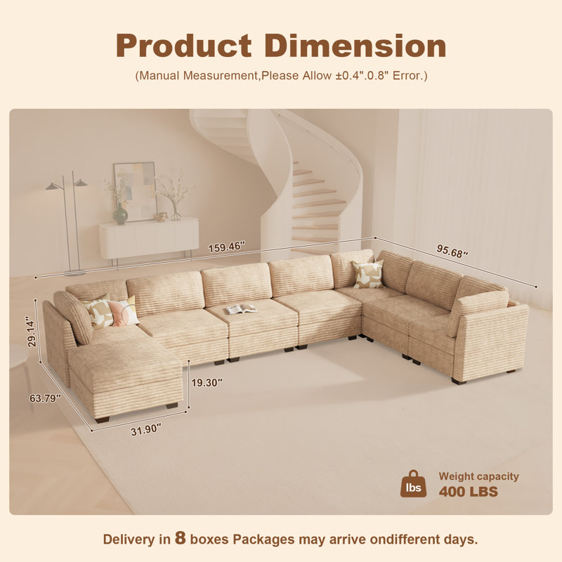 Modular L-shaped Sectional Plush Corduroy Sofa With Movable Ottoman, Beige Corduroy