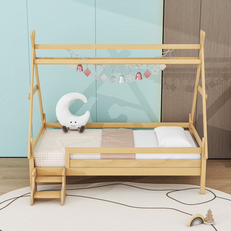 Wood Low Profile House Platform Bed, Natural, Twin