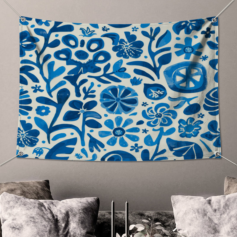 Blue Floral Illustration Wall Tapestry - Floral Wall Decor, H 104 po x 88 avec 4 œillets