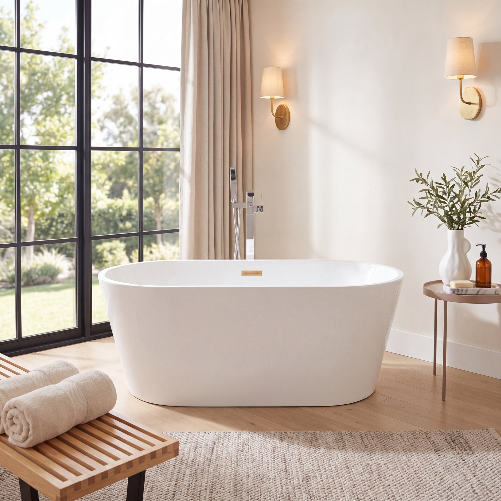 Iris 59" x 29.5" Freestanding Soaking Acrylic Bathtub, White/Titanium Gold