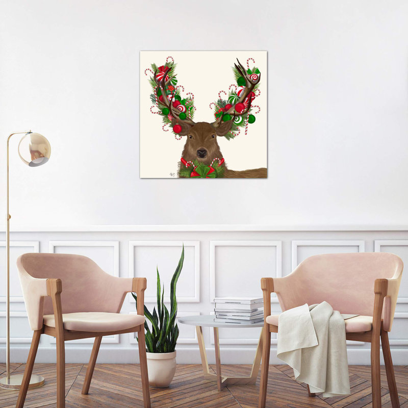 Deer, Candy Cane Wreath by Fab Funky - Painting on Canvas, 45.72 cm H x 45.72 cm W x 1.91 cm D, Wrapped Canvas