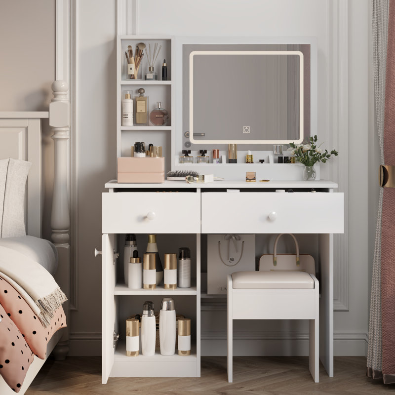 Meuble-lavabo blanc avec miroir et lumières - table d'apparence élégante 2 tiroirs