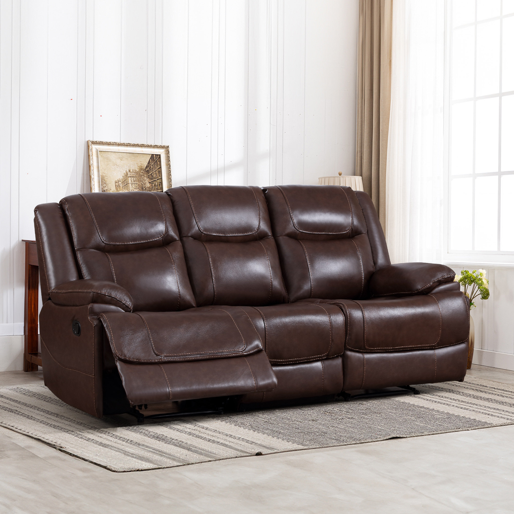 Premium Genuine Leather Recliner Sofa - 83.5'' Wide, Brown, image size:2000x2000