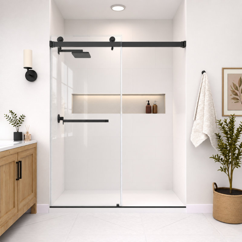 Porte de douche coulissante double noire mat sans cadre de 3/8 po x l 76 po x H 76 po Catalyst, Noir mat, L 66 po x H 76 po