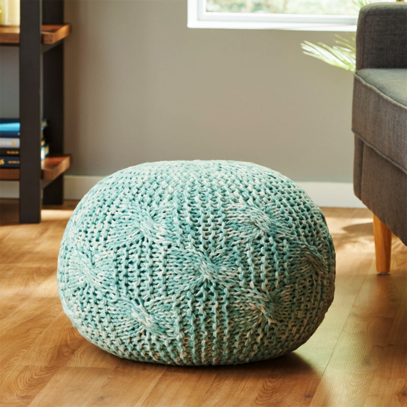 Pouf rond en fil PET tricoté 20 X 20 Deon, Microfibre bleu sarcelle / microsuède