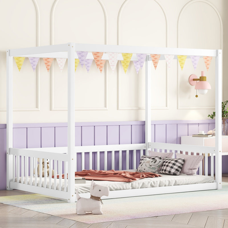 Full Size Canopy Frame Rubber Wood Floor Bed With Fence,Guardrails,White, Full