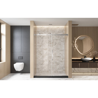 Porte de douche coulissante simple pour salle de bain 56 - l 60 po x H 76 po, verre trempé transparent de 6 mm avec film, poignée en acier inoxydable et rail carré en nickel brossé, conception américaine, grandes roues pour