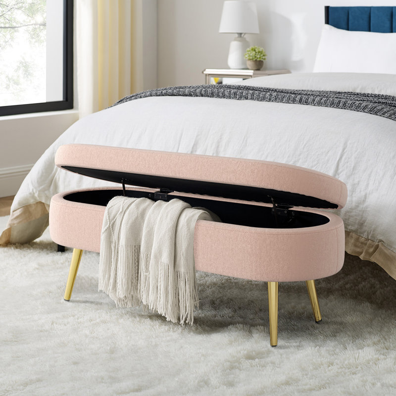 Ottoman Oval Storage Bench, Flannel With Metal Legs-Pink(43.5"X16"X16"), Pink