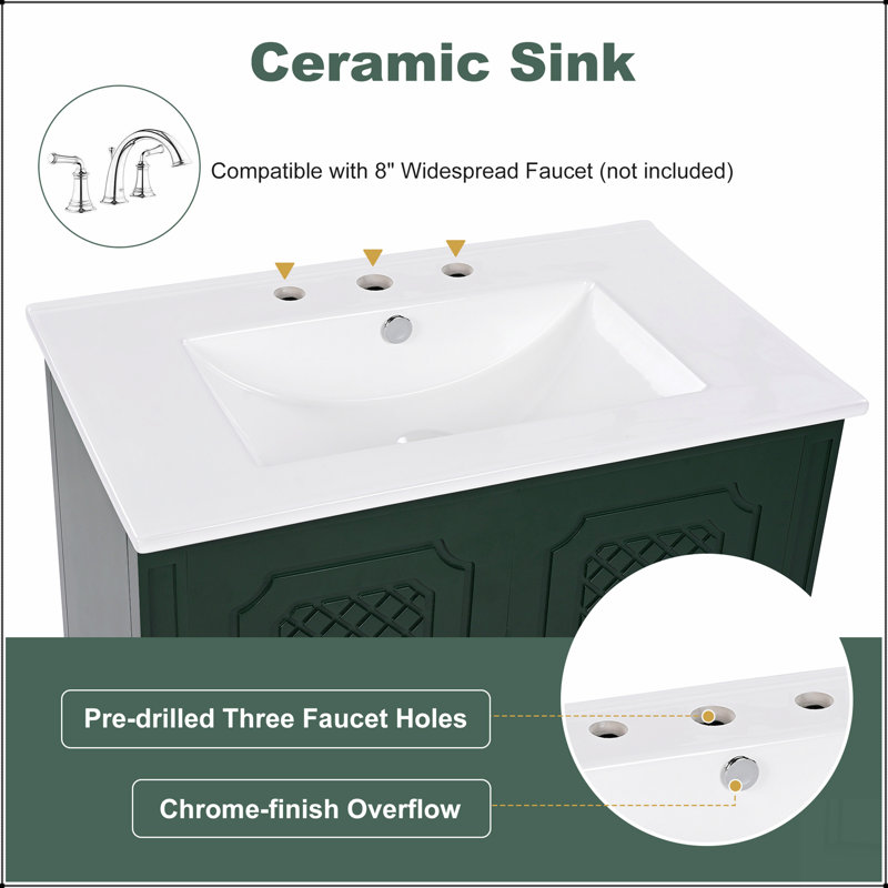 Meuble-lavabo 30 po avec lavabo style rétro, espace de rangement multifonctionnel, tablette de porte, porte à fermeture en douceur