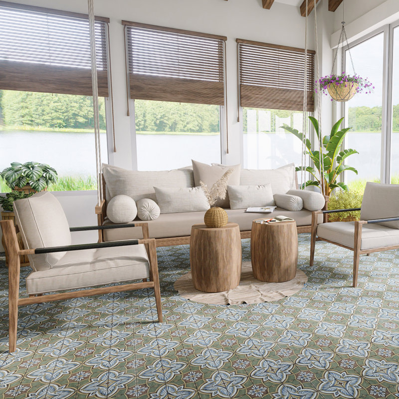 Harmonia 13" x 13" Ceramic Patterned Wall & Floor Tile, Green/Blue