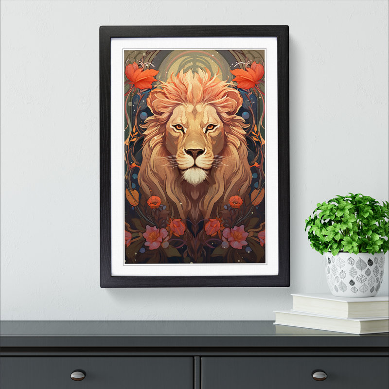 XYZ-FRM-V1223-4246 Lion Nouveau No.2 - Single Picture Frame Print on Wood, Black, 46cm H x 34cm W x 2cm D