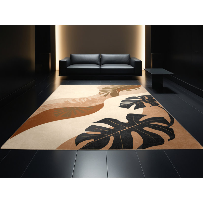Machine Washable Ortmund Philodendron Eclectic Abstract Rug in Beige – Beige Binding, 6' Round