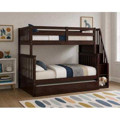 Lit superposé simple au-dessus d'un lit double avec lit gigogne et rangement, aucun sommier requis, espresso