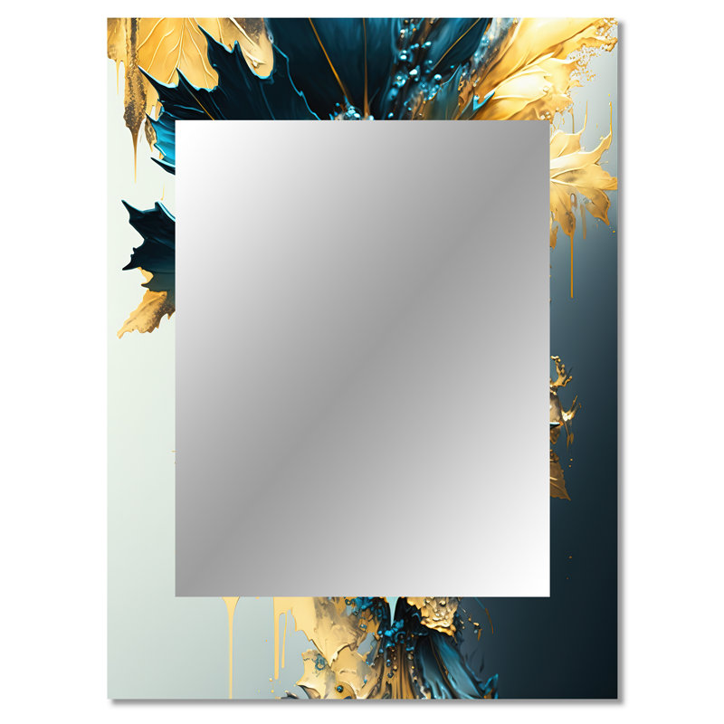 Abstract Blue And Gold Leaves II - Leaves Wall Mirror, Traditional Decorative Mirror, Printed Metal Art, 40" x 30"
