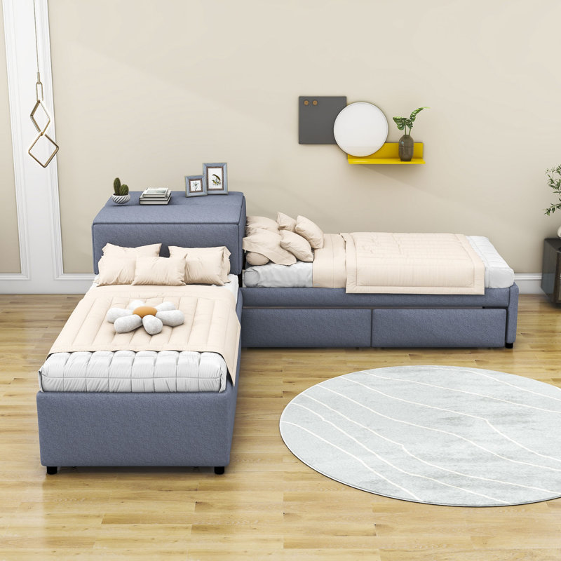 Lampart Twin Size L-Shaped Upholstered Platform Bed with Trundle and Two Drawers