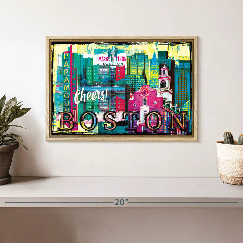 Repères grunge de Boston City, 13 po x 9 po, Cadre flottant en bois naturel