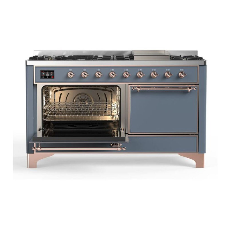 ILVE UM15FDQNS3BKCLP Majestic II 60 inch Dual Fuel Range with 9 Burners, Griddle (Liquid Propane, Solid Door, Glossy Black, Chrome)
