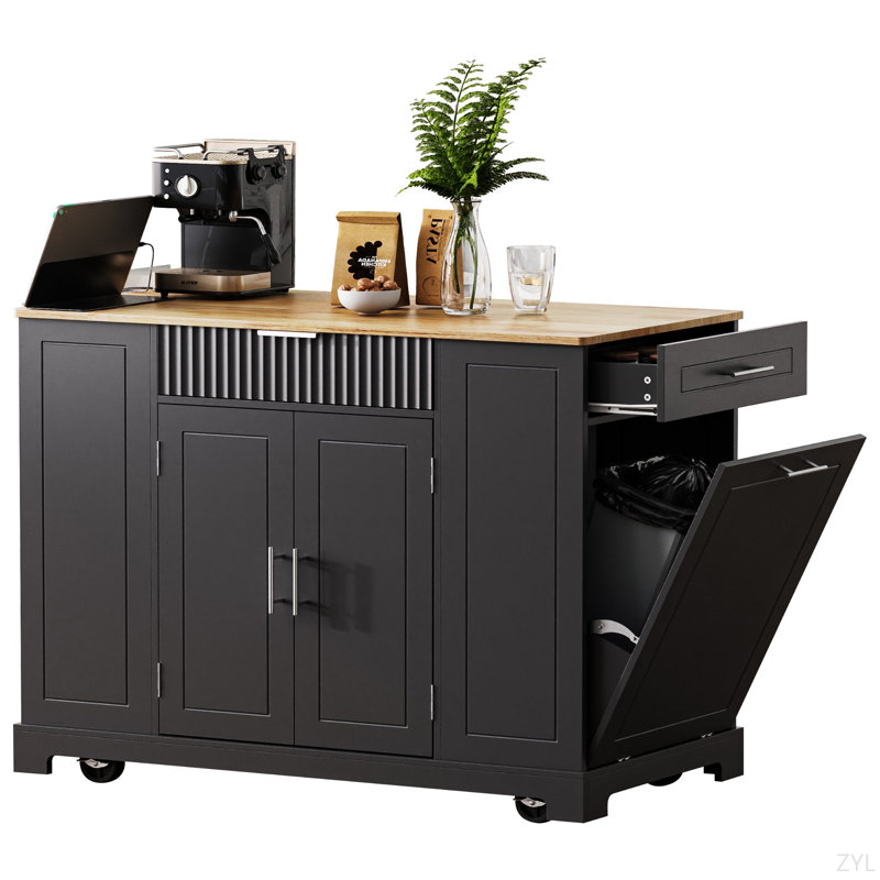 K&K Fluted Kitchen Island With Trash Can Storage Cabinet, Power Outlet, Internal Storage Rack, Rolling Kitchen Islands On 5 Wheels With 3 Drawer, 3 Open Side Racks For 10 Gallon Garbage Bin, Black