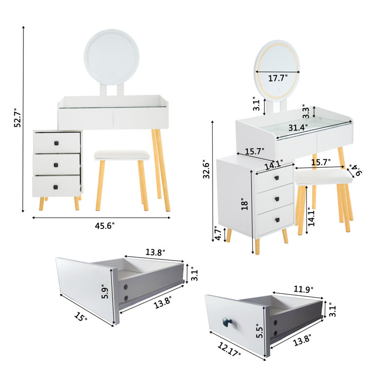 LED Lighted Dressing Table with Glass Top and Extendable Sides
