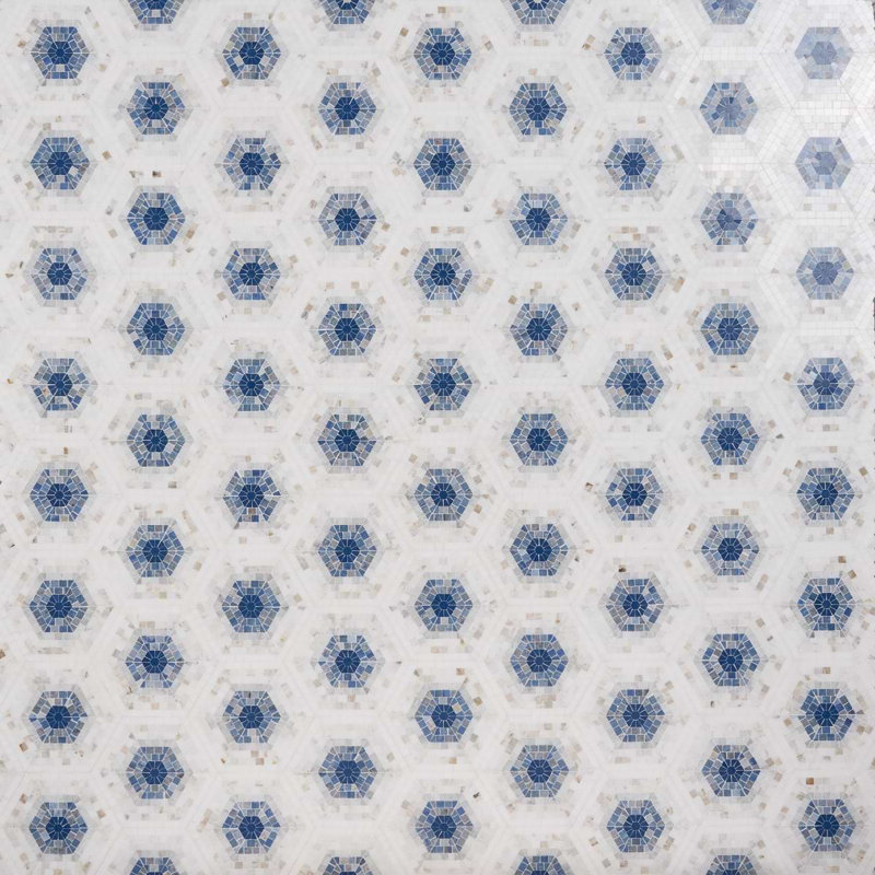 Ako 6" Hexagon Marble Micro Mosaic Tile, Azul Blue