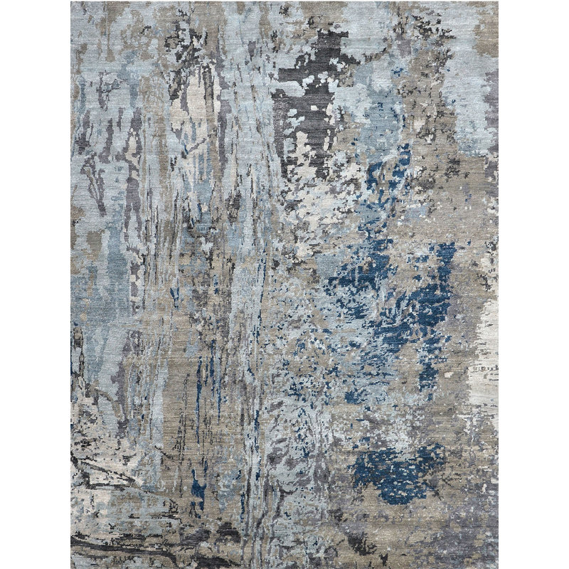 Tapis argent et bleu noué à la main de haute qualité, Rectangle 11 pi 11 po x 14 pi 11 po incorrect