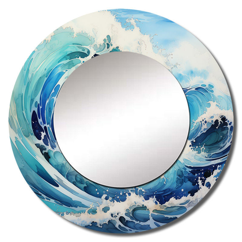 Sarain bleu vague océan tempête - océan miroir, miroir mural unique côtier, art imprimé en métal, 23 po x 23 po, Rond