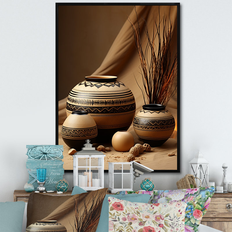 Iyaunna Native Art Pottery Serenity II - Art amérindien grand art mural, Cadre flottant noir, H 40 po x l 30 po x P 1,5 po