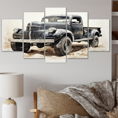 Minimalist Pickup Truck Monochrome - Transportation Wall Art Living Room - 5 Panels