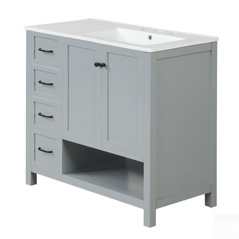 Meuble-lavabo en bois massif avec lavabo, deux portes, deux tiroirs, une tablette ouverte, une solution de rangement durable et élégante