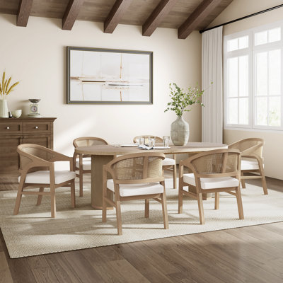 Solenne Mid-Century Modern Dining Set With Cane Back Rubberwood Chairs And Fluted MDF Veneer Pedestal Table