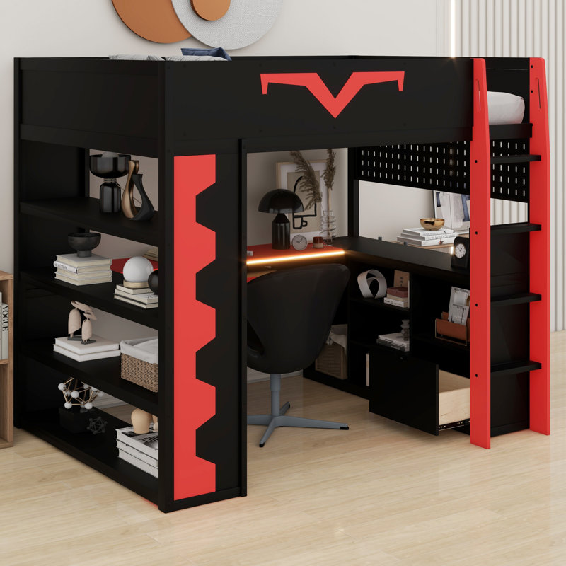 Pro Gamer Loft Bed With Desk,RGB Lights,Shelves,Pegboard & Drawer, Green