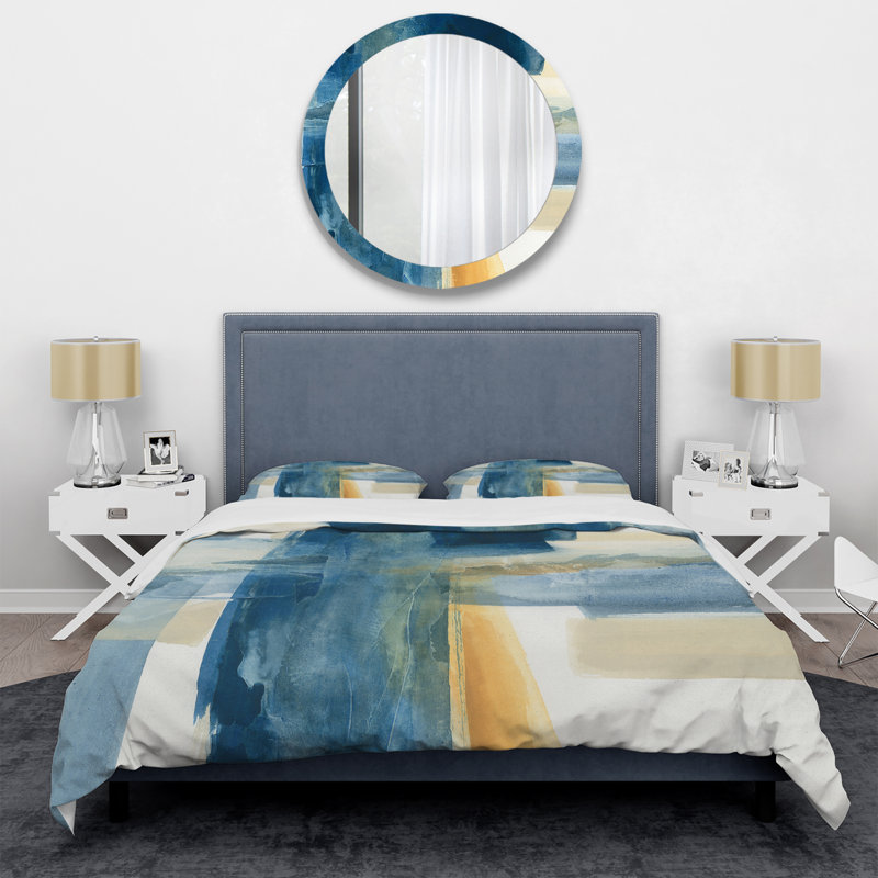 Indigo Panel VI - Glam Modern Duvet Cover Set - Microfiber Polyester, Twin Duvet Cover + 2 Shams
