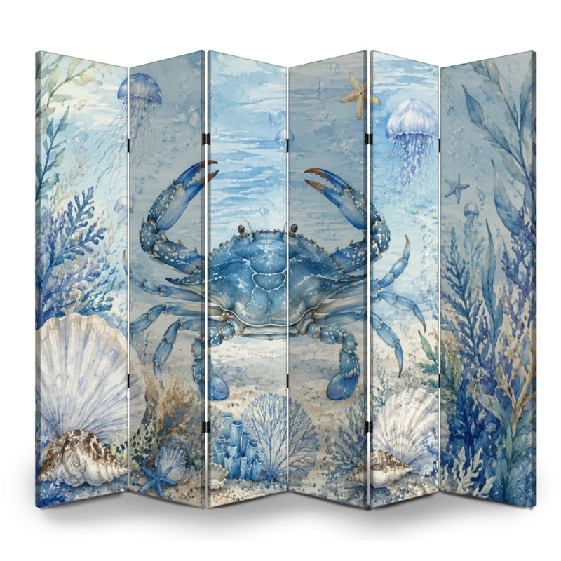 Cloison pliante 6 panneaux paravent crabe bleu sous-marin Scène d'océan, 6, H 71 po x l 96 po x P 1 po