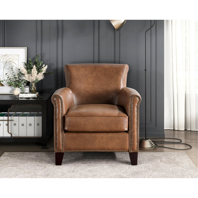 Fauteuil classique en cuir brun, structure en bois massif, fauteuil d'appoint relax avec siège amovible, pratique, Brun