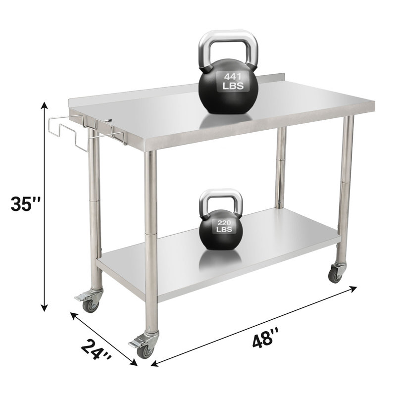 Table de préparation en acier inoxydable de 48 po x 24 po avec roues verrouillables, table de travail de cuisine commerciale robuste avec tablette réglable, support à ordures et garde-éclaboussures, îlot de cuisine pour restaurant, boulangerie, maison