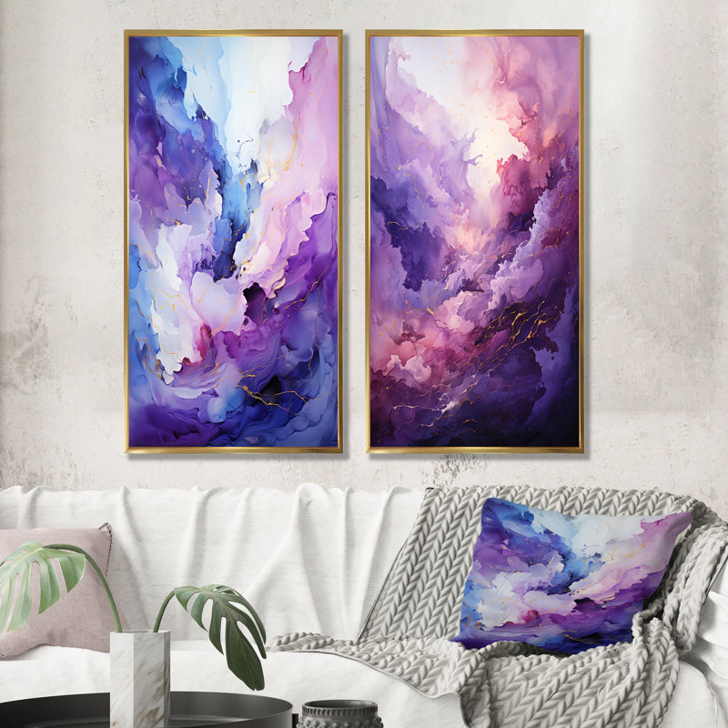 "Mauve et bleu" Mystic Melody I - Ensemble de 2 reproductions d'art sur toile, Cadre flottant doré, H 40 po x l 41 po