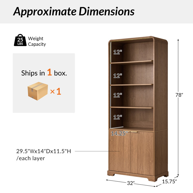 Daniel Modern 78"H Wood Grain Finish Bookcase with Adjustable Open Shelves and Storage Cabinets, Acorn