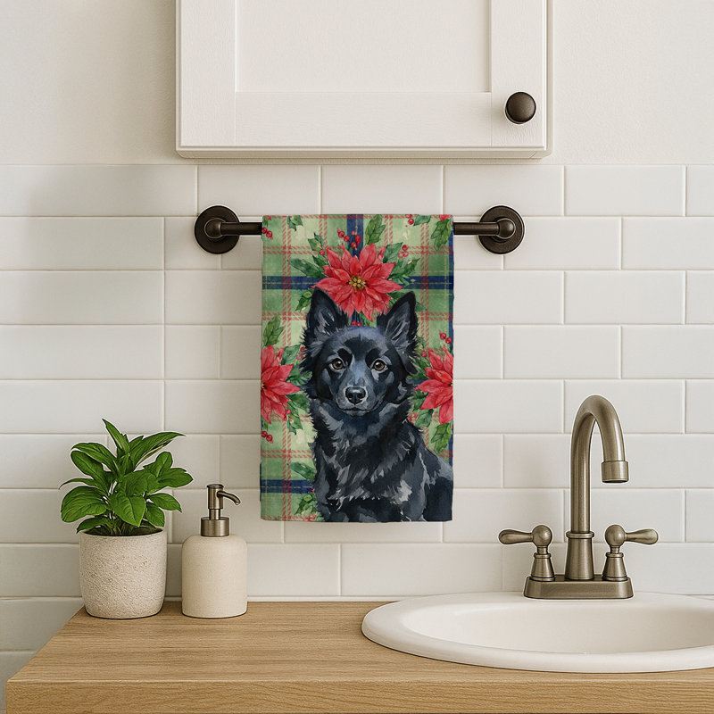 Schipperke Christmas PoinsettIas Kitchen Towel, Black Schipperke