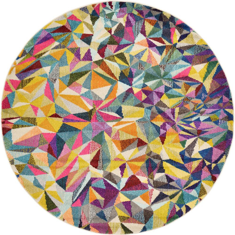 Tapis mauve / jaune / gris à motif géométrique Shirey, Rond 6 pi