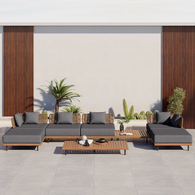 Ensemble de canapé modulaire d'extérieur 8 pièces avec table basse 8 pièces, bois de teck