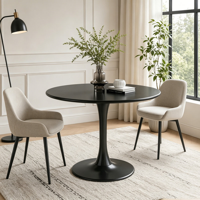 Table de salle à manger ronde moderne avec plateau en panneau de fibres à densité moyenne et base en acier, Noir
