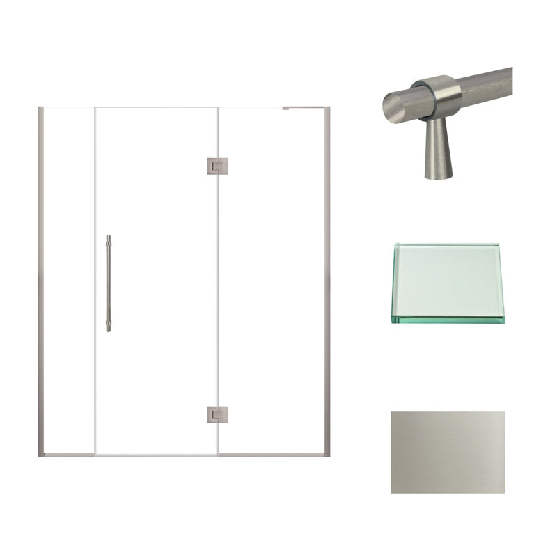 Porte de douche à charnière avec verre transparent l 65,5 po x H 76 po Transolide Elizabeth, Acier Inoxydable