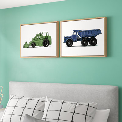 Vintage Toy Tractor Green and Vintage Toy Dump Truck Blue by Saint and Sailor Studios Framed Canvas Wall Art Set