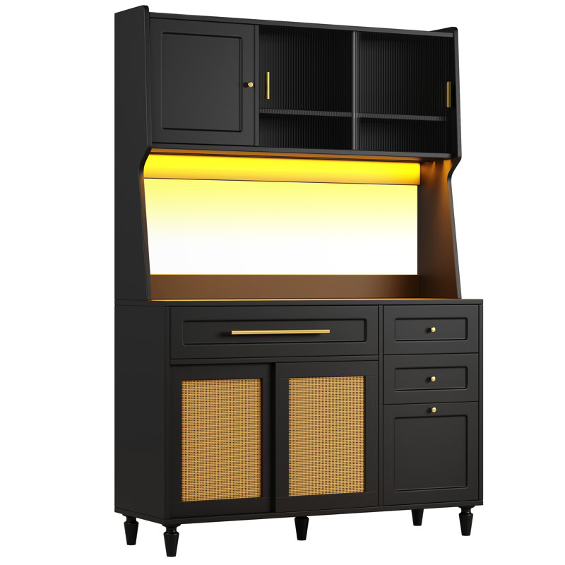Pe Rattan Kitchen Cabinet With Led Lights - 3 Drawers, App & Music Control, Anti-Tip Safety