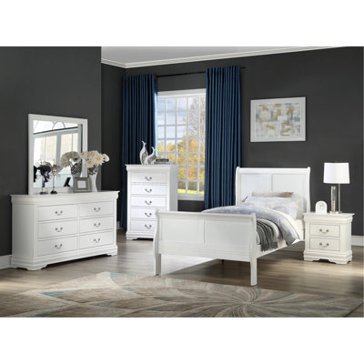 Louis Phillipe White Finish Twin Size Panel Sleigh Youtbed Solid Wood Wooden Bedroom Furniture