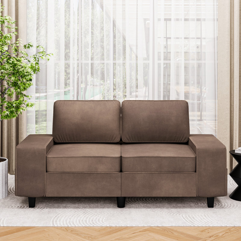 Modern Style Indoor Loveseat With Side Pockets, Coffee Fabric
