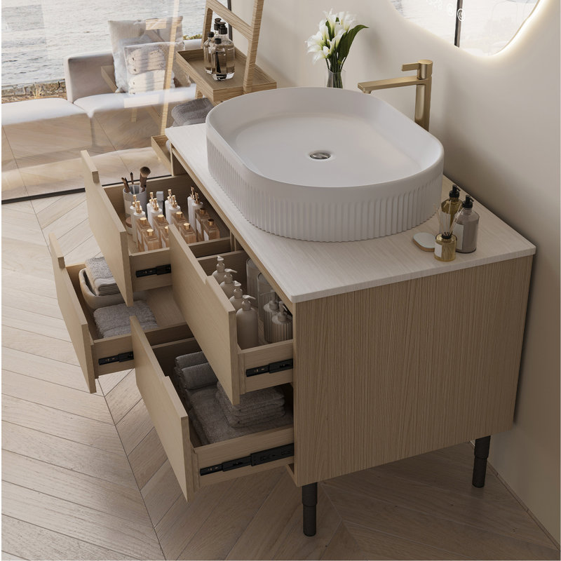 Meuble-lavabo de 36 pouces, autoportant ou mural avec lavabo intégré en céramique et tiroirs à fermeture en douceur