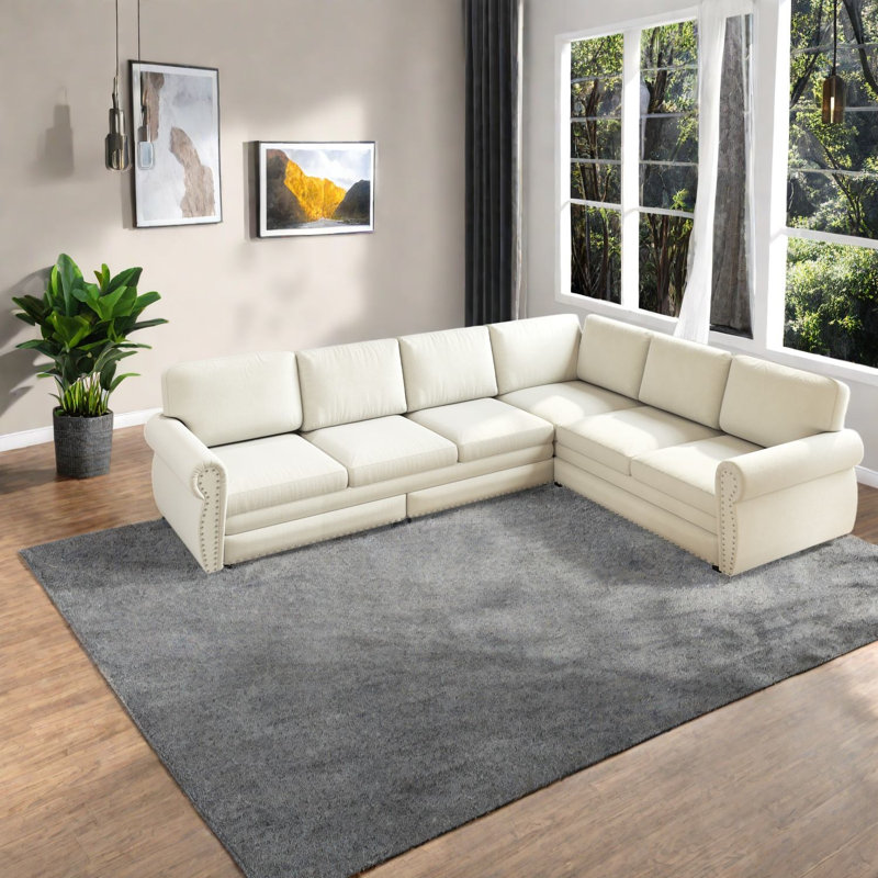 Canapé-lit modulaire en L, chenille, blanc beige, salon, Beige