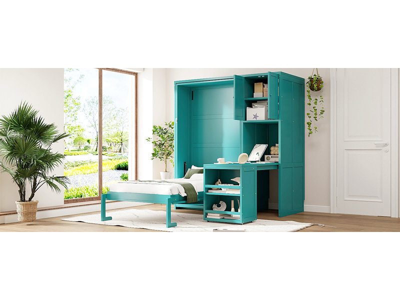Lit escamotable mural simple avec bibliothèque, armoire supérieure, bureau extensible et rangement latéral, Sarcelle